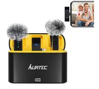 AURTEC Lot de 2 Microphones Cravate sans Fil avec étui de Chargement pour iPhone, iPad avec Port Lightning, Plug & Play, portée de 30,5 m, Suppression du Bruit et Grande Batterie