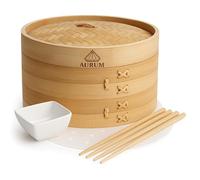 Aurum® Panier Vapeur Bambou, Cuiseur Vapeur Bambou 2 Niveaux, Panier Cuisson Vapeur 20 cm et 25 cm, Cuisson Naturelle (20cm)