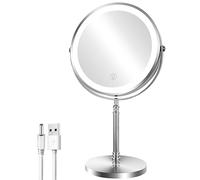 AusDaur Miroir de maquillage grossissant de 20,3 cm avec lumière - Rotation 1X/10x à 360° - Miroir de maquillage avec éclairage rechargeable - 3 lumières colorées - Miroir de courtoisie lumineux sur