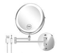 AusDaur Miroir de maquillage mural de 20,3 cm, miroir de courtoisie grossissant 1x/10x avec lumières, LED rechargeable, 3 lumières de couleur, luminosité réglable, interrupteur tactile, miroir de