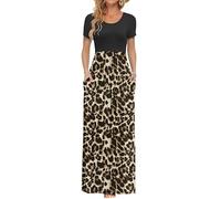 AUSELILY Femmes Maxi Robe Madame Manches Courtes été Casual Longue Robe avec Poches Brun léopard Noir XXL