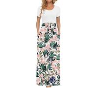 AUSELILY Femmes Maxi Robe Madame Manches Courtes été Casual Longue Robe avec Poches Fleurs Roses Feuillage Vert m