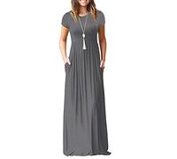 AUSELILY Femmes Maxi Robe Madame Manches Courtes été Casual Longue Robe avec Poches Gris XL
