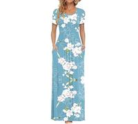 AUSELILY Femmes Maxi Robe Madame Manches Courtes été Casual Longue Robe avec Poches Imprimé Floral Bleu l