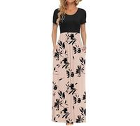 AUSELILY Femmes Maxi Robe Madame Manches Courtes été Casual Longue Robe avec Poches Imprimé Floral Beige Noir s
