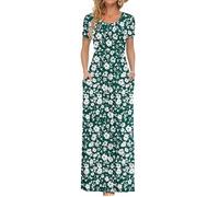 AUSELILY Femmes Maxi Robe Madame Manches Courtes été Casual Longue Robe avec Poches Imprimé Marguerites Vertes m