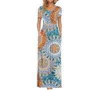 AUSELILY Femmes Maxi Robe Madame Manches Courtes été Casual Longue Robe avec Poches Imprimé Vert l