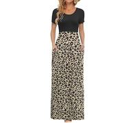 AUSELILY Femmes Maxi Robe Madame Manches Courtes été Casual Longue Robe avec Poches Léopard Noir s