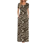 AUSELILY Femmes Maxi Robe Madame Manches Courtes été Casual Longue Robe avec Poches Marron Léopard XXL