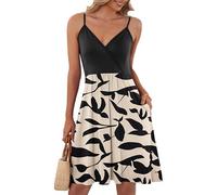 AUSELILY Robe Courbe élégante D'été Femme Bretelles sans Manches Robes Décontractée Courte Col en V avec Poches Feuilles Noires D'abricot S