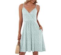 AUSELILY Robe Courbe élégante D'été Femme Bretelles sans Manches Robes Décontractée Courte Col en V avec Poches Fer à Cheval Vert XL