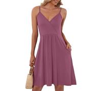 AUSELILY Robe Courbe élégante D'été Femme Bretelles sans Manches Robes Décontractée Courte Col en V avec Poches Fuchsia M