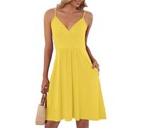 AUSELILY Robe Courbe élégante D'été Femme Bretelles sans Manches Robes Décontractée Courte Col en V avec Poches Jaune 2XL