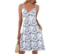 AUSELILY Robe Courbe élégante D'été Femme Bretelles sans Manches Robes Décontractée Courte Col en V avec Poches Marine Botanique M