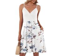 AUSELILY Robe Courbe élégante D'été Femme Bretelles sans Manches Robes Décontractée Courte Col en V avec Poches Fleurs Blanches L