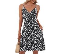 AUSELILY Robe Courbe élégante D'été Femme Bretelles sans Manches Robes Décontractée Courte Col en V avec Poches Noir Blanc 2XL