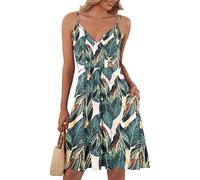 AUSELILY Robe Courbe élégante D'été Femme Bretelles sans Manches Robes Décontractée Courte Col en V avec Poches Impression de Feuilles M