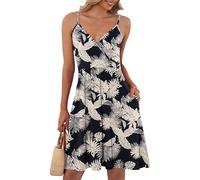 AUSELILY Robe Courbe élégante D'été Femme Bretelles sans Manches Robes Décontractée Courte Col en V avec Poches Forêt Tropicale Humide XL