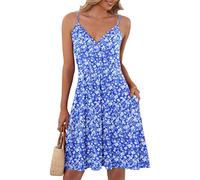 AUSELILY Robe Courbe élégante D'été Femme Bretelles sans Manches Robes Décontractée Courte Col en V avec Poches Fleurs Bleues XL