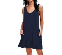 AUSELILY Robe De Plage pour Femme D'été Décontractée Robe Balançoire Col en V Couvrir Débardeur Mini Robes avec Poches Bleu Marine L