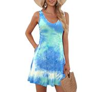 AUSELILY Robe De Plage pour Les Femmes D'été Décontracté Robe Balançoire sans Manches Réservoir Mini Robes avec Poches Teint Bleu Vert Blanc M