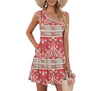 AUSELILY Robe d'été décontractée sans Manches à col en V pour Femmes avec Poches Boho Rouge,L