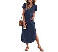 AUSELILY Robe d'été Femme Longue V col Manches Courtes Fluide Style Chemisier Plage Vacance Bleu Marine XXL