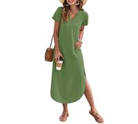 AUSELILY Robe d'été Femme Longue V col Manches Courtes Fluide Style Chemisier Plage Vacance Kaki XL