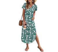 AUSELILY Robe d'été Femme Longue V col Manches Courtes Fluide Style Chemisier Plage Vacance Marguerite Verte XXL