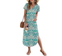 AUSELILY Robe d'été Femme Longue V col Manches Courtes Fluide Style Chemisier Plage Vacance Paisley Vert XXL