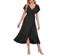 AUSELILY Robe D'Été Femme Manches Courtes Col en V Taille Haute Mi-Longue Robe De Plage Invitée De Mariage