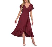 AUSELILY Robe D'Été Femme Manches Courtes Col en V Taille Haute Mi-Longue Robe De Plage Invitée De Mariage