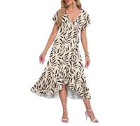 AUSELILY Robe D'Été Femme Manches Courtes Col en V Taille Haute Mi-Longue Robe De Plage Invitée De Mariage