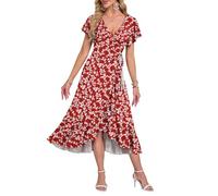 AUSELILY Robe D'Été Femme Manches Courtes Col en V Taille Haute Mi-Longue Robe De Plage Invitée De Mariage
