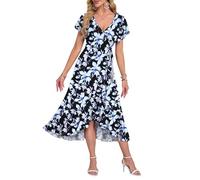 AUSELILY Robe D'Été Femme Manches Courtes Col en V Taille Haute Mi-Longue Robe De Plage Invitée De Mariage