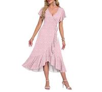 AUSELILY Robe D'Été Femme Manches Courtes Col en V Taille Haute Mi-Longue Robe De Plage Invitée De Mariage