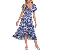 AUSELILY Robe D'Été Femme Manches Courtes Col en V Taille Haute Mi-Longue Robe De Plage Invitée De Mariage