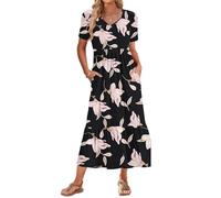 AUSELILY Robe d'été pour Femme Robe Longue à Manches Courtes Robe Longue pour Femme col en V Taille Empire, Robes de Plage avec Poches Gloire du Matin S