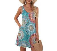 AUSELILY Robe d'été pour Femmes Robe de Plage sans Manches Robe légère et évasée Robe Mini à Encolure en V Imprimé Vert XL