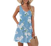 AUSELILY Robe d'été pour Femmes Robe de Plage sans Manches Robe légère et évasée Robe Mini à Encolure en V Floral Bleu Clair 2XL