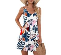AUSELILY Robe d'été pour Femmes Robe de Plage sans Manches Robe légère et évasée Robe Mini à Encolure en V Plantain Bleu XL
