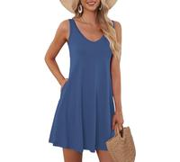 AUSELILY Robe d'été pour Femmes Robe de Plage sans Manches Robe légère et évasée Robe Mini à Encolure en V Béja Bleu 2XL