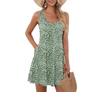 AUSELILY Robe d'été pour Femmes Robe de Plage sans Manches Robe légère et évasée Robe Mini à Encolure en V XL Feuille d'olivier