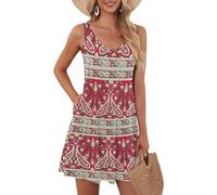 AUSELILY Robe d'été pour Femmes Robe de Plage sans Manches Robe légère et évasée Robe Mini à Encolure en V Boho Fleuri Rouge 2XL