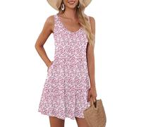 AUSELILY Robe d'été pour Femmes Robe de Plage sans Manches Robe légère et évasée Robe Mini à Encolure en V Petite Fleur Rose L