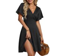 AUSELILY Robe d'Été pour Femmes Robe Portefeuille à Manches Courtes Volantées avec Col V, Imprimé Floral et Croisement Devant pour la Plage Noir M