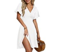 AUSELILY Robe d'Été pour Femmes Robe Portefeuille à Manches Courtes Volantées avec Col V, Imprimé Floral et Croisement Devant pour la Plage Blanc L