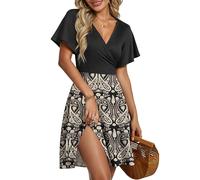 AUSELILY Robe d'Été pour Femmes Robe Portefeuille à Manches Courtes Volantées avec Col V, Imprimé Floral et Croisement Devant pour la Plage Boho Noir Noir 2XL