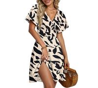 AUSELILY Robe d'Été pour Femmes Robe Portefeuille à Manches Courtes Volantées avec Col V, Imprimé Floral et Croisement Devant pour la Plage Abricot Feuille Noire 2XL