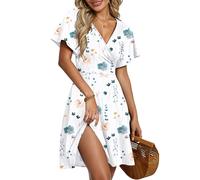 AUSELILY Robe d'Été pour Femmes Robe Portefeuille à Manches Courtes Volantées avec Col V, Imprimé Floral et Croisement Devant pour la Plage